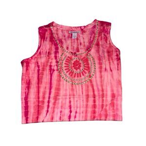 Roaman’s Women’s 2X Sleeveless Tie Dye Tank Top Pink Embellished Studded Beaded